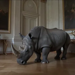 mini dv camera footage of a rhinoceros in a neoclassical room, very very low quality, trail cam footage night vision