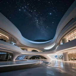 a modern architectural hall with a sense of cyberfuture science and technology, with dotted star lighting on the top