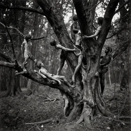 humans fused to tree branches in an ominous forest, 1 9 0 0 s photography