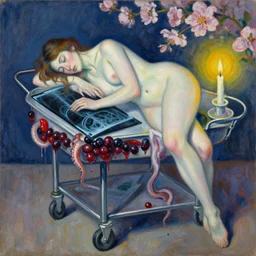 brushstrokes, portrait of a female art student falling asleep, scientific research, crashcart, x - ray, sensual, blossom, squashed berries dripping, octopus, candlelight, neo - impressionist, surrealism, acrylic and spray paint and oilstick on canvas