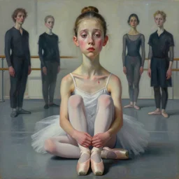 portrait of nervous young girl ballerina sitting on the floor focusing in a dance hall by alberto seveso and hernan bas and francis bacon and pat steir and hilma af klint, psychological, photorealistic, symmetrical face, dripping paint, washy brush, matte painting, rendered in octane, altermodern, masterpiece