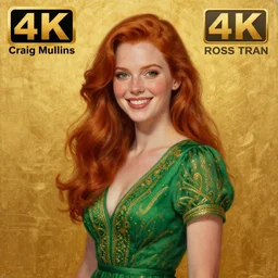 Highly detailed painting of a beautiful young woman with long red hair, smiling by Craig Mullins and Ross Tran, Green dress, Golden Background, Fabric texture, Golden thread, intricate patterns, Trending on artstation, pinterest, cgsociety, 4k, 8k, HDR, award winning, unreal engine