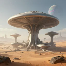 a futuristic image of an alien desert with a gigantic complex mushroom shaped spaceport, fine detail, by James clyne and Andrée Wallin, foggy, cyberpunk city in the distance, iridescent planet in sky, artstation, CG society, Ariel view, extra wide angle, morning light
