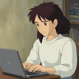 tan-skinned guy with long black hair and long sleeves using a laptop, looking down, art by hayao miyazaki, studio ghibli film, twitter pfp