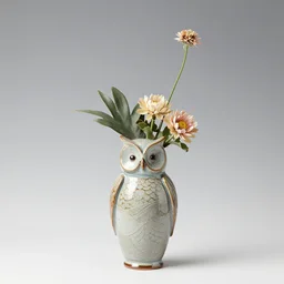 an owl - vase sculpture, japanese ikebana flower arrangement, summer, flowers in a vase, owl motif, glazed clay, japanese pottery, zen,