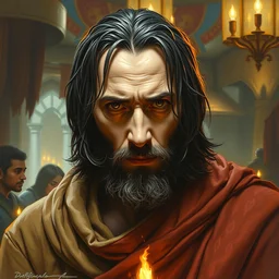 keanu reeves as a dnd sage in a fantasy tavern, closeup portrait, by donato giancola, symmetry!!