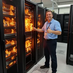 A system administrator doing a thumb up to the camera in front on burning servers, servers in flames, happy system administrator doing a thumb up, uncropped, full body