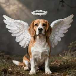 Beagle dressed up as an angel.