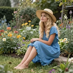 blonde girl in a blue dress and a sun hat sitting barefoot in a garden, hyperdetailed, cinematic, kinemacolor, artstation, 8 k