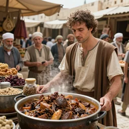 man at a marketplace in ancient jerusalem, hyper realistic, by conrad roset and ruan jia and michael garmash and james gurney and bussiere. standing and looking at a large pot of cholent.