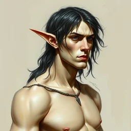 a dark haired pale elf sorcerer, head and torso concept character art by bob eggleton and franz frazetta, trending on artstation