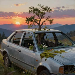 close up of a scrap car with broken windows and a tree growing inside. scrap car overgrown by trees, flowers, grass and moss. a soft golden and red sunset over the mountains in the background. clouds. hyperrealistic, highly detailed, cinematic, beautiful, cgsociety, artstation, 8 k, oil painting by greg rutkowski, by artgerm, by wlop