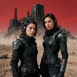 cinestill 5 0 d photographic portrait of two loving female androids wearing rugged black techwear on a desolate plain with a red sky, extreme closeup, lizard on ground, cyberpunk style, in front of a brutalist dark metal facility, dust storm, 8 k, hd, high resolution, 3 5 mm, f / 3 2, ultra realistic faces