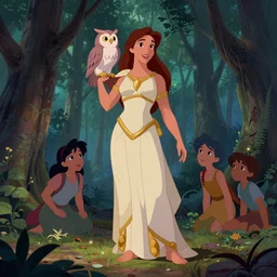 full body shot of the goddess athena with owl on shoulder in disney's atlantis, pine forest, cel shaded vector art, toon shading, behance, hd by lois van baarle, helen huang, by makoto shinkai and ilya kuvshinov, rossdraws, disney animation still