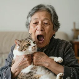 an old woman opening her mouth wide and swallowing a cat
