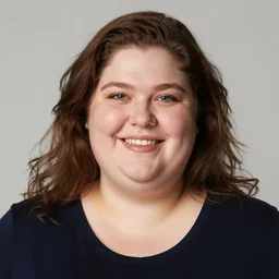 photorealistic fat woman smiling