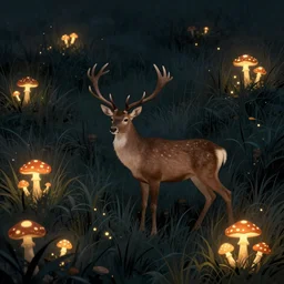 a landscape full of dark grass and glowing mushrooms with a deer digital art