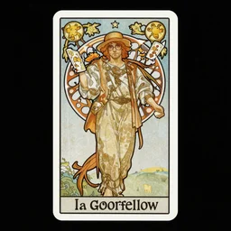 Ian Goodfellow in glasses portrayed on a tarot card, tarot in art style by Alphonse Mucha