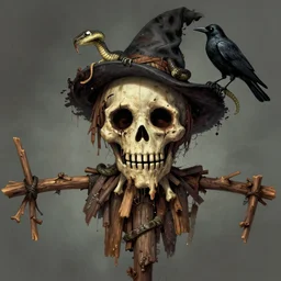very detailed face of a haunted scarecrow, with sticks of woods, bones and wood, snake and crow, james gurney, greg rutkowski, deviantart, artstation