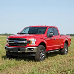 A photograph of a red Ford F-150 pickup truck (2018) in a farm field, photo taken in 2018