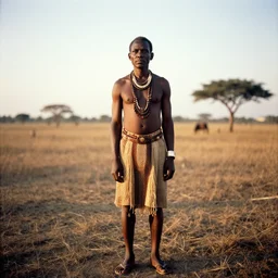 full body analogue photo of an African tribal chief, 35mm, f/1.4, Golden Hour light, national geographic, photographed by Martha Cooper,
