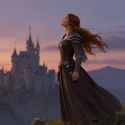 fantasy heroine looking heroically at the sky at dusk, profile, in the style of Milica Čeliković and James Daly, artstation, digital art, full body, detailed face, castle in the background