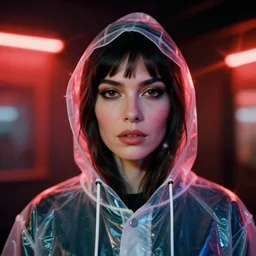A hyper realistic and detailed head portrait photography of a woman wearing a futuristic transparent raincoat with hoodie. by annie leibovitz. Neo noir style. Cinematic. Red neon lights and glow in the background. Cinestill 800T film. Lens flare.