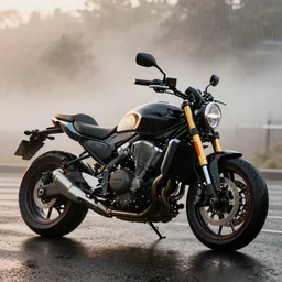 parked Tron motorcycle, fog, rain, volumetric lighting, beautiful, golden hour, sharp focus, highly detailed, cgsociety