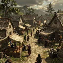 skyrim screenshot of the market of the town, 8 k octane render, enb, bokeh, ambient occlusion.