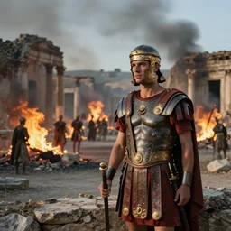 contemplative roman soldiers outside the burning ruins of a town, beautiful lighting, cinematic composition, sharp