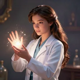 stern looking beautiful girl in a labcoat, casting a magic spell, disney style, digital art,
