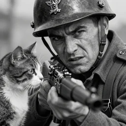 A soldier with a hateful face aiming a machine gun towards a cat, world war 1, close-up, realistic face, beautiful face detail, mature facial features, black and white, amazing digital art, hyper detailed, artstation, in the style of Tony Sart