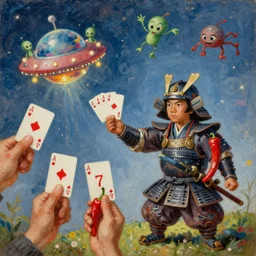 there was once a samurai who multiples 4 7 times. each time he multiplied parts of his body became a pepper. each finger held 4 7 cards and then each card was stolen by aliens who hitchhiked a ufo with christmas lights and laughed so hard that they fell off to planet mars! oil painting 1 5 0 mpx