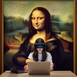 a young woman wearing a virtual reality headset is working on a laptop!, looks like mona lisa, sharp focus, hyper realistic, centered, extremely detailed, wide shot!, a painting by leonardo da vinci
