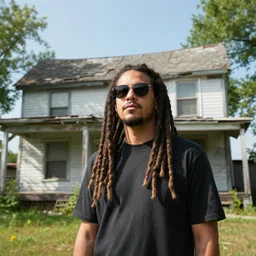 a native canadian with dreadlocks and a sunglass wearing an old, run-down house