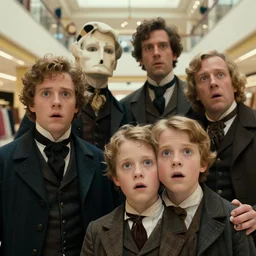 sharp, highly detailed, 8k, 65mm film, high quality frame scan from a sci fi blockbuster color movie made in 2019, a family of four time travelers from 1860 travel in time to 2019, appearing in a shopping mall, looking surprised, the family are all wearing 1860s era clothes, good lighting, in focus, cinematic still, high quality scan, in focus, 35mm macro lens, detailed eyes, realistic faces and details, oscar winner, award winning lighting, award winning photography, ultra high definition