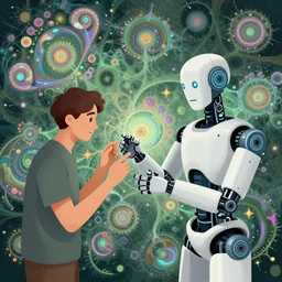 a human and an robot working together to make art, in an illustration featured on deviantart, iridescent, ecological art, fractals, photoillustration