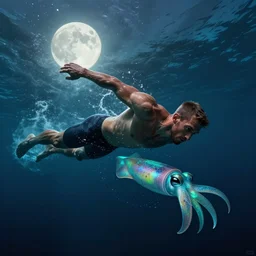 michael phelps swimming away from a turquoise squid in the pacific ocean, from below, moonlit, dark, ominous, illustration, volumetric light, highly detailed