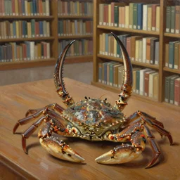 horseshoe crab listening to a sony in a library, oil painting, high quality, detailed