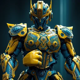 a intricate ornate boxing humanoid mecha, punk, by war robots, real steel ( 2 0 1 1 ), westworld and pacific rim movie and ps 5 game machine warrior 5, cryengine, frostbite 3 engine, blue and yellow scheme, sharp focus, 8 k, high definition, insanely detailed, soft lighting, smooth face