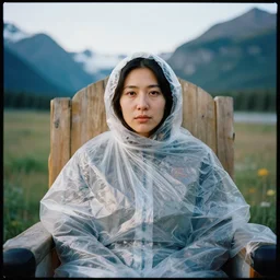 a color photograph, closeup portrait of a woman wrapped in plastic, sitting on a throne, in kenai fjords national park in alaska, color photograph, by vincent desiderio, canon eos c 3 0 0, ƒ 1. 8, 3 5 mm, 8 k, medium - format print