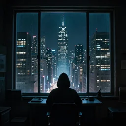 hacker's room, view at the night city through the window, night, lights, volumetric lighting, simon stalenhag