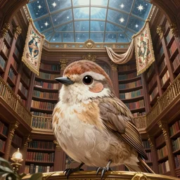 cute victorian bird with a polygonal library walls and glass ceilings showing the stars and hanging silk drapery and tapestries, light dust, magnificent, close up, details, sharp focus, elegant, highly detailed, illustration, by Jordan Grimmer and greg rutkowski and PiNe(パイネ) and 薯子Imoko and 香川悠作 and wlop and maya takamura, intricate, beautiful, Trending artstation, pixiv, digital Art