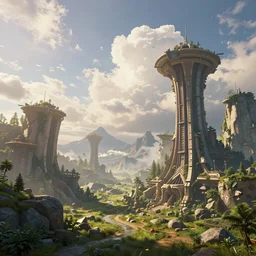 an awesome whimsical fantasy sci - fi landscape, happy, sunny, daylight, midsummer clouds in the background