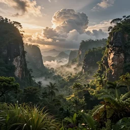 very detailed photograph of an elaborate ancient jungle valley with jagged rocks and peaks, misty at sunset with volumetric lighting. sunlit cumulonimbus storm clouds float over. lush foliage, grasses cover the ground. atmospheric haze, radiosity