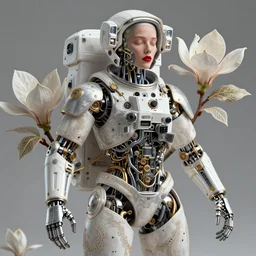 complex 3d render ultra detailed of an  astronaut, mechanical cyborg, 50 mm, beautiful natural soft light, rim light, studio light, silver gold details, magnolia big leaves and stems, roots, fine foliage lace, mesh wire, intricate details, hyperrealistic, mandelbrot fractal, anatomical, red lips, white metal armor, facial muscles, cable wires, microchip, elegant, Alexander Mcqueen haute couture, wabi sabi, octane render, H.R. Giger style, 8k
