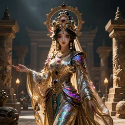 goddess of the ancient city  by Annie Swynnerton and Nicholas Roerich, strong dramatic cinematic lighting , ornate headdress , flowing robes, lost civilizations, smooth, sharp focus, extremely detailed | sanrio glitchcore yokai girl, shadowverse character concept, found footage horror, glitter gif
