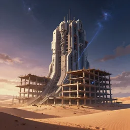 a beautiful photorealistic anime illustration of architecture building unfinished building nature urbex by bjarke ingels, fantasy desert at dusk cosmic steampunk cyberpunk alien futuristic cgsociety laser, archdaily, wallpaper, highly detailed, trending on artstation.