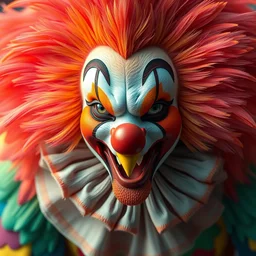 high angle shot of a beautiful feathered, colourful clown, alphonse mucha, rhads, ross tran, artstation, artgerm, octane render, 1 6 k