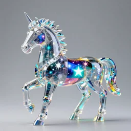 holographic futuristic plastic sculpture of celestial steed, transparent celestial light gels, vibrant acrylic glass crinkled correction gel, colored film face by okuda san miguel, glowing stars, glinting, glittering, cyan, white, ultra realistic, photorealistic, 3 d render, unreal engine, octane render, sharp, studio